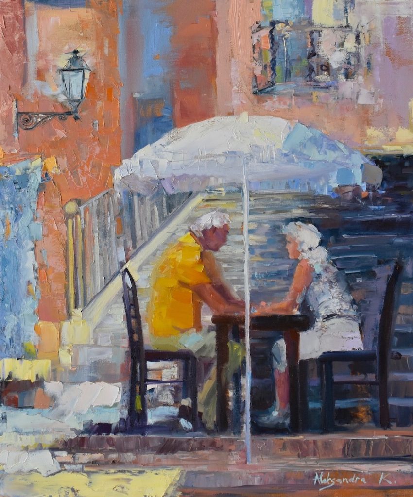 Impressionist painting of a couple under sun umbrella.