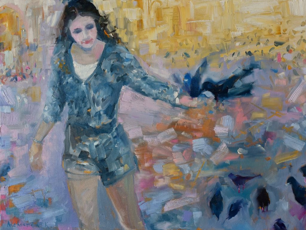 Painting of a girl with pigeons, in Venice.