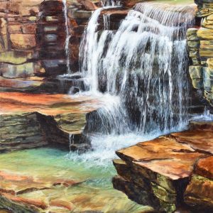Athabasca Falls painting of waterfall cascading over layers of reddish-brown rocks with a green pool of water