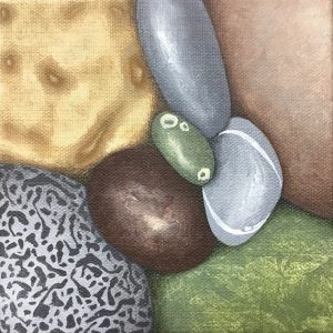 Painting of pebbles in grey, tan, green and brown