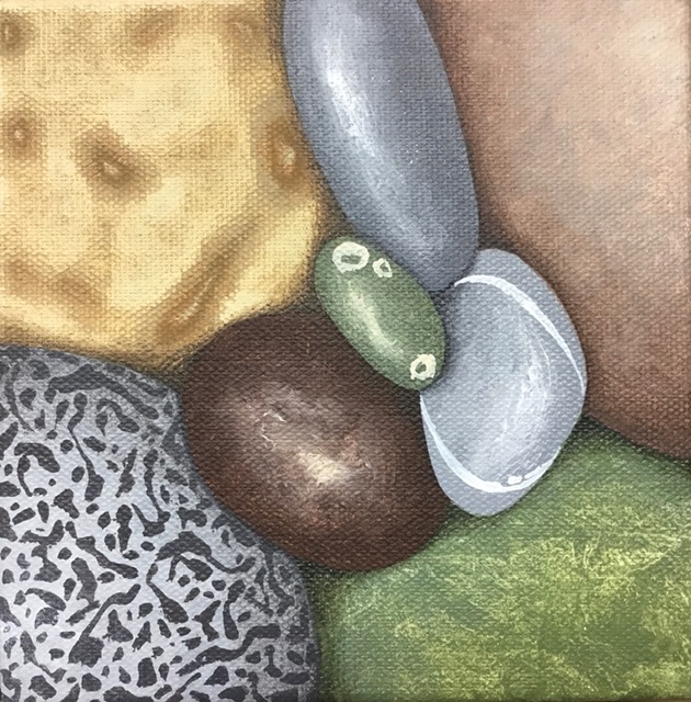 Painting of pebbles in grey, tan, green and brown