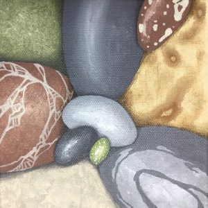 Small painting of pebbles in tan, grey, brown and green palette
