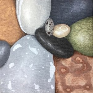 Painting of pebbles in grey, brown and green