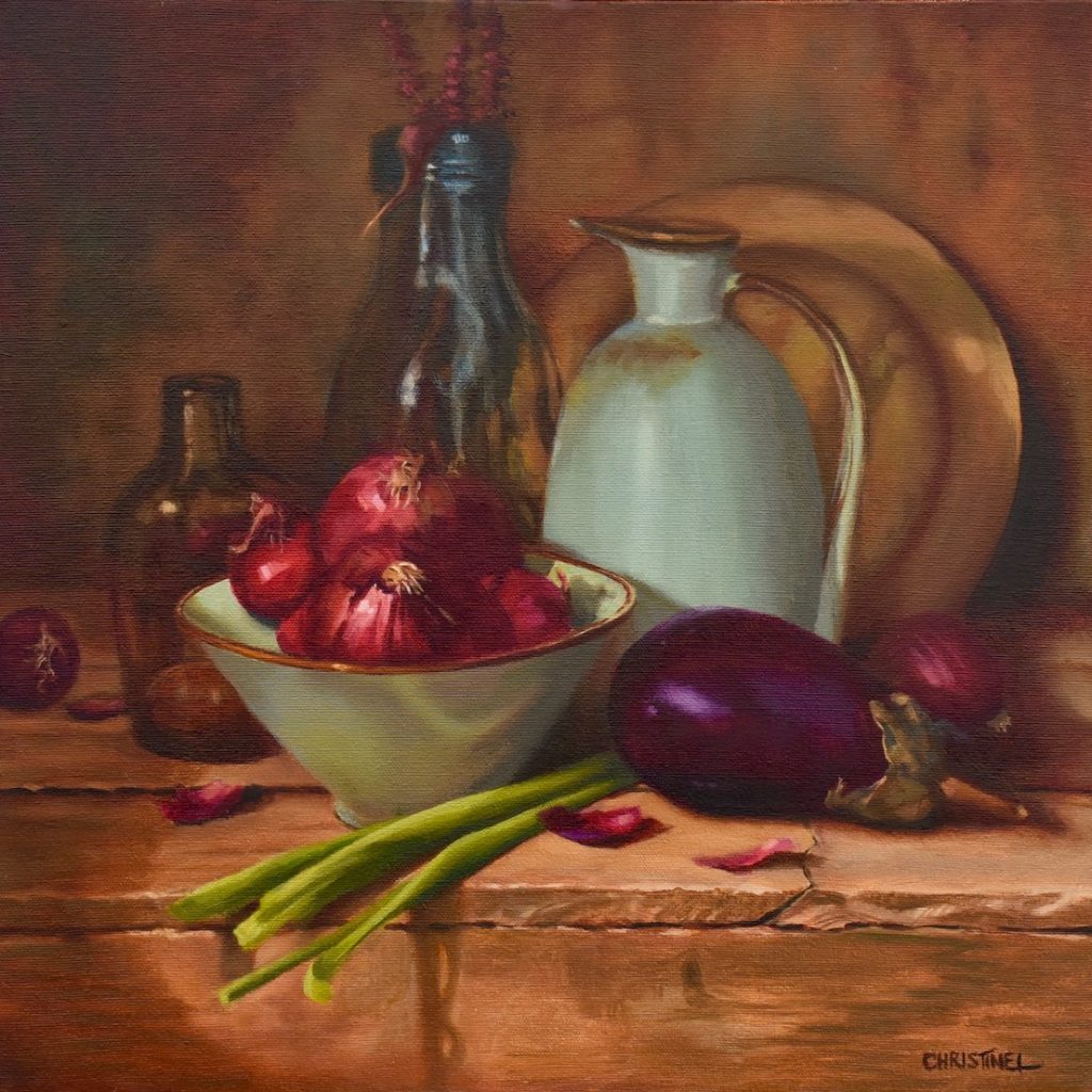 Still life with red onions, green onions, eggplant, bottles and enamelled vessels