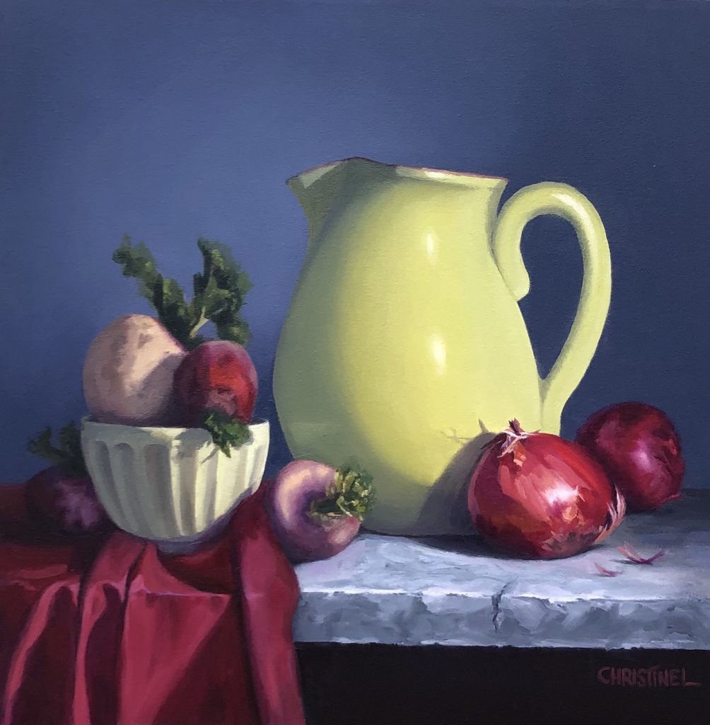 Still Life with a bright celadon pitcher, burgundy cloth, beets and red onions