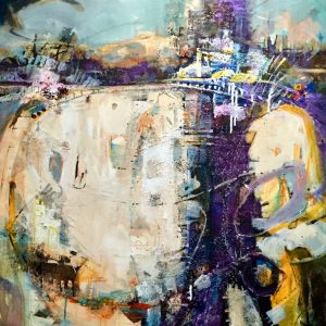 Seoul III by Eunmi Conacher, abstract painting in teal, purple, yellow and white