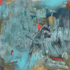 Abstracted small painting resembling oxidized copper, teal and red