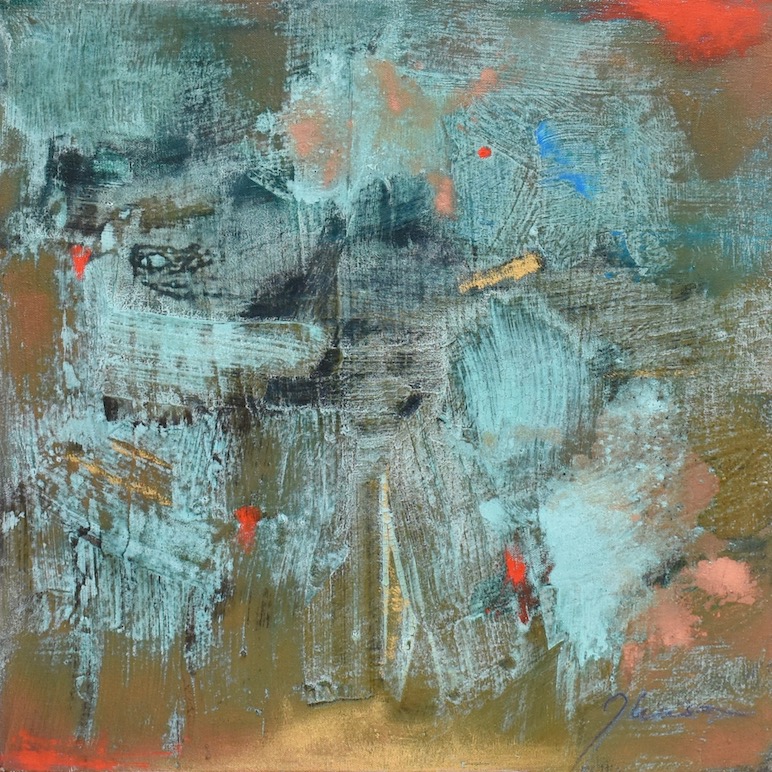 Abstracted small painting resembling oxidized copper, teal and red