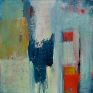 Large abstract painting in teal, blue, red, white and ocher