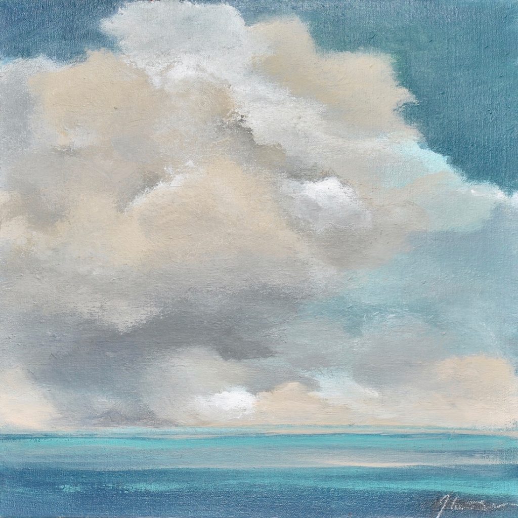 Painting of cumulous clouds over water