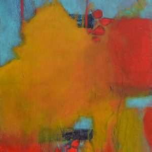 Abstract in yellow, teal and bright red