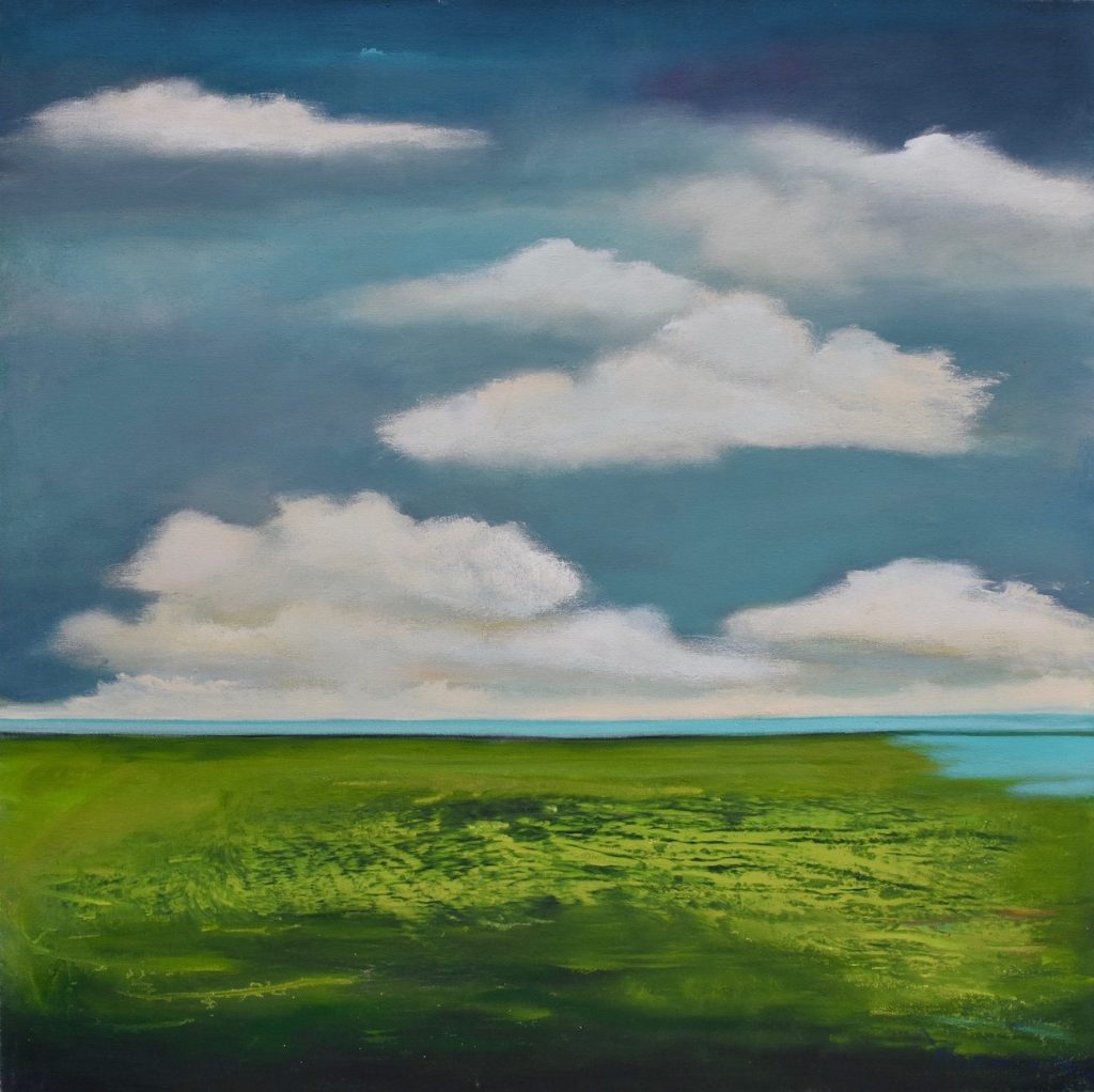 Blue green landscape painting with clouds