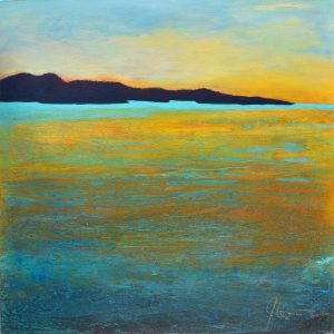 Abstracted coastal landscape in orange, yellow, teal, blue and black