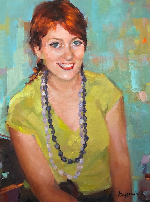 Painting of a woman with red hair and blue eyes