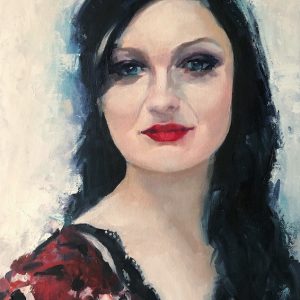 Impressionist portrait of a women with dark hair, blue eyes, red lips