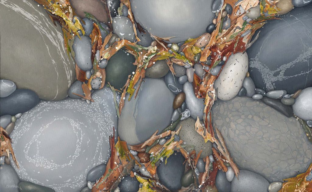 Painting of pebbles with abstracted organic matter. grey and earth tones contemporary art