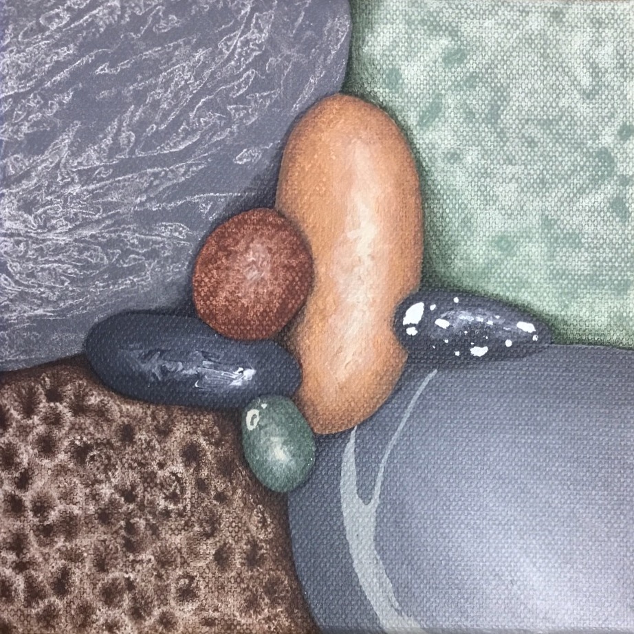 Small painting of grey, tan, brown and green beach stones