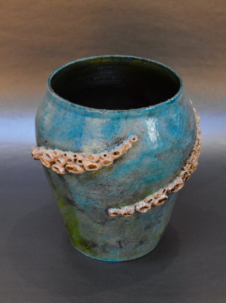 Small Teal Raku Barnacle Pot by Ed Oldfield