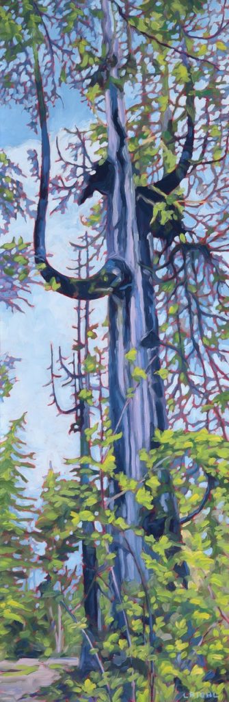 Tall slender painting of a west coast cedar tree, rendered in blue-green palette