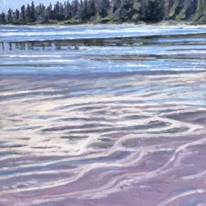 Painting of West Coast sandy beach at low tide in soft blue, green and mauve palette