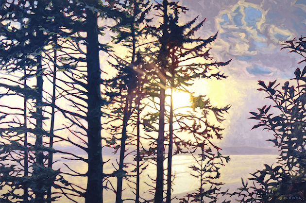 Painting of glowing skies at sunset with trees and the ocean