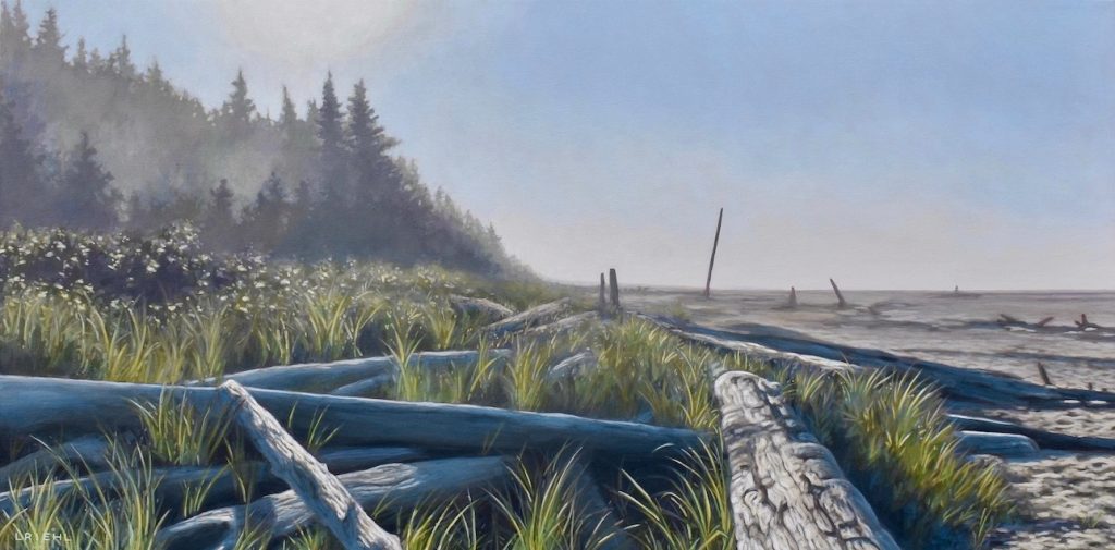 Tofino Long Beach painting with driftwood and grasses