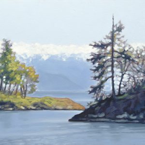 Coastal landscape in oil with trees and snow capped mountains, blue and green
