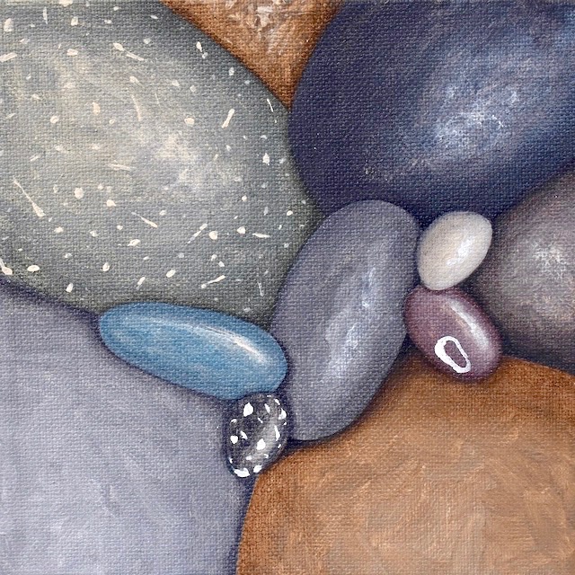 Small painting of grey, tan, brown, blue and green beach stones
