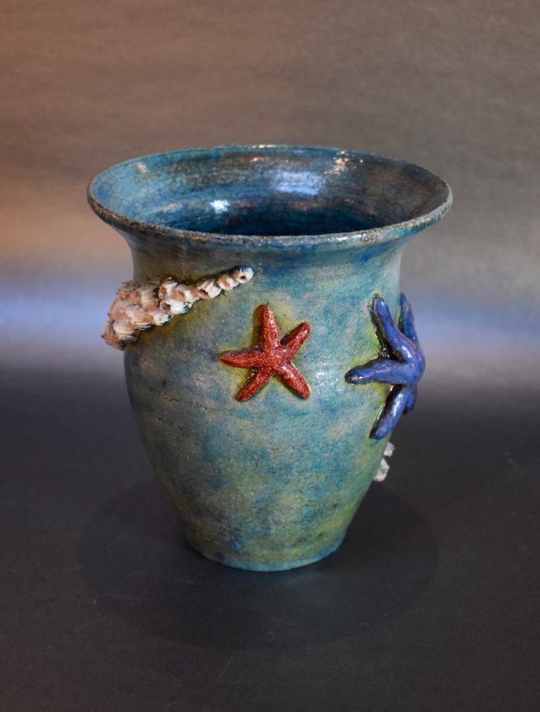 Teal Raku Pot with Sea Stars and Barnacles by Ed Oldfield