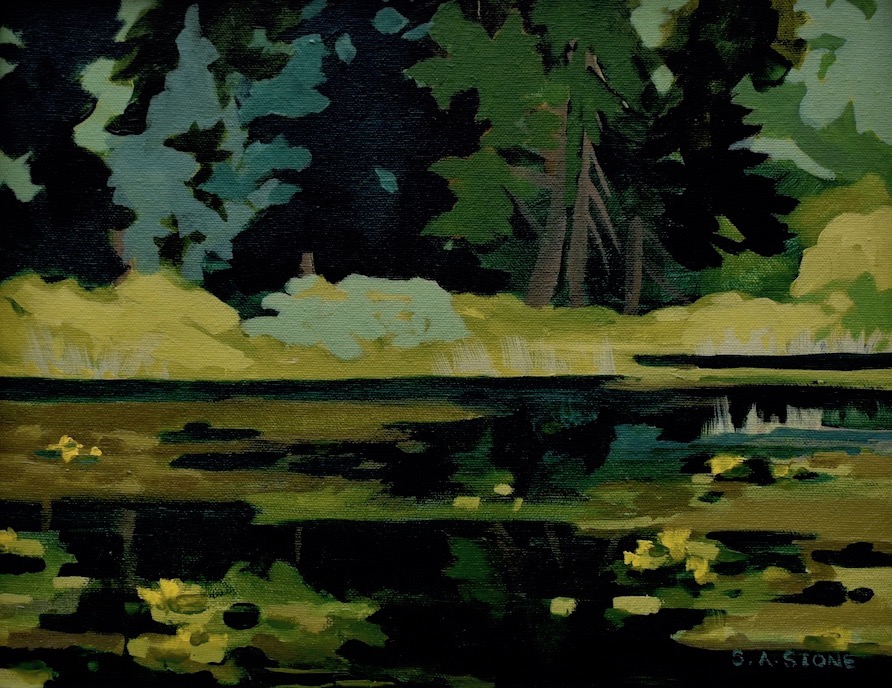 Plein Air Painting of green lake with yellow water lilies