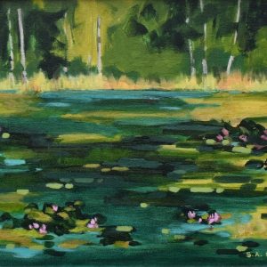 Plein Air painting of green lake with pink water lilies