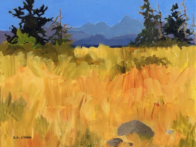 Bright plein-air landscape in yellow and blue