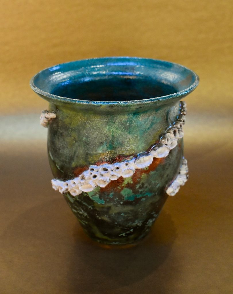 Green Raku barnacle Pot by Ed Oldfield