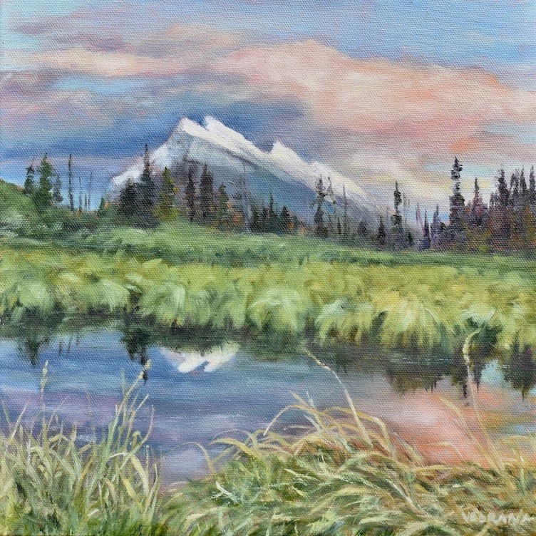 Painting of Mt Rundle from Vermillion Lakes at sunset