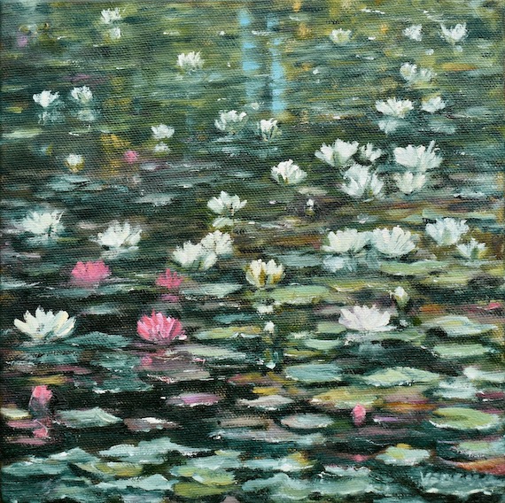 Oil painting of summer pond with pink and white water lilies
