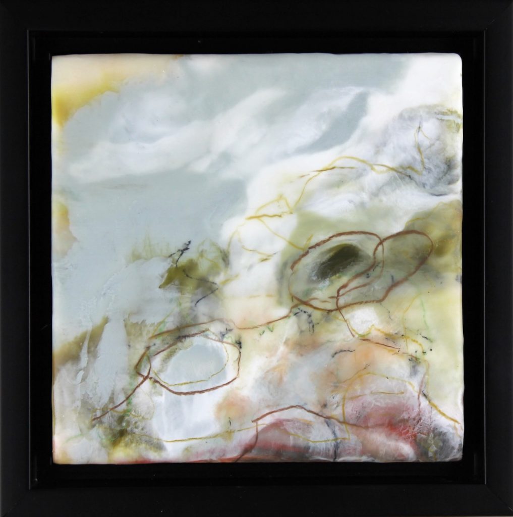 Small encaustic abstract in soft palette with black frame