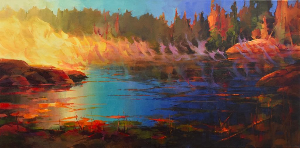 High chroma landscape painting of sunrise over the water in Killarney