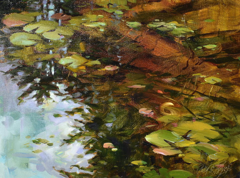 Oil painting of lily pads, submerged logs and reflections, plein air