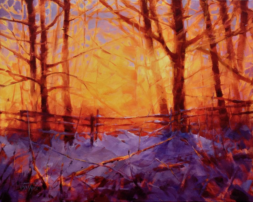 Painting of winter landscape at sunset by John Stuart Pryce