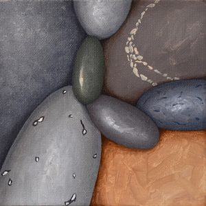 Small painting of tan, grey, brown and green beach stones