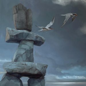 Painting of Arctic Tern pair flying over Inukshuk against steel sky