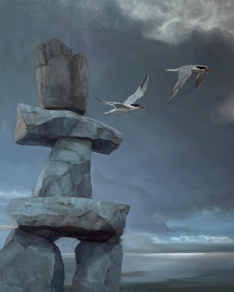 Painting of Arctic Tern pair flying over Inukshuk against steel sky
