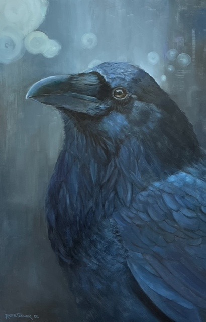 Portrait of a Raven with shiny blue and black feathers, regal bearing, abstracted background