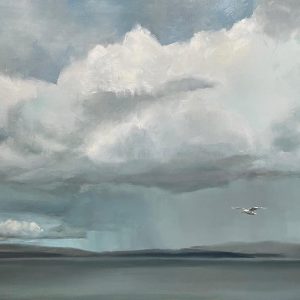 Landscape with rain clouds and seagull in flight over water