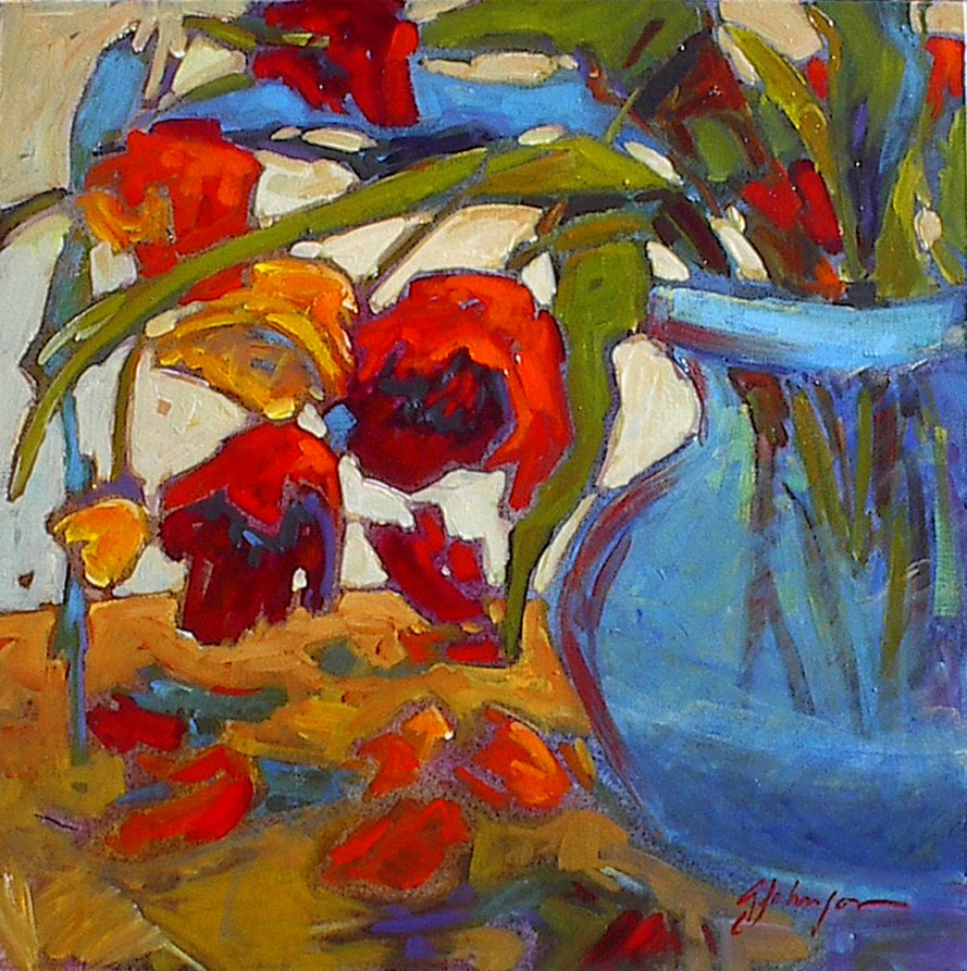 Contemporary impressionist painting of red and orange tulips in bright blue vase