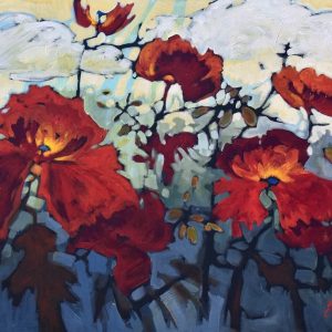 Contemporary impressionist painting of luxurious red poppies with clouds in the sky