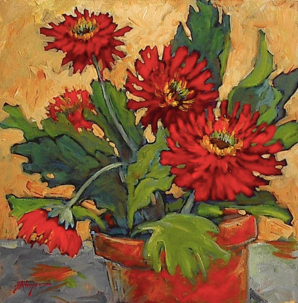 Red art, Expressive painting of red daisies in a pot