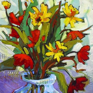 Impressionist still life with tulips and daffodils in a blue vase.