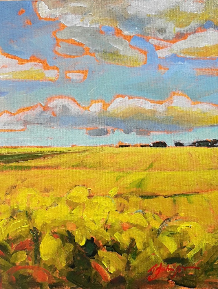 Bright impressionist painting of golden canola fields with blue sky and puffy clouds