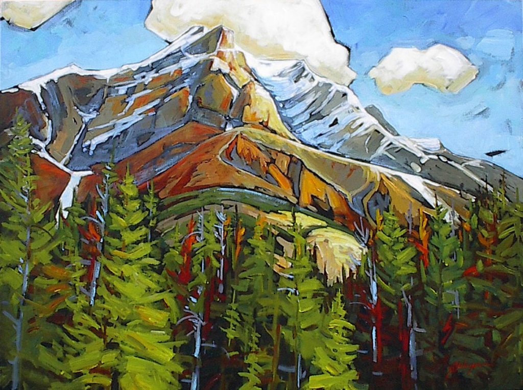 Impressionist, warm toned painting of Cascade Mountain with soaring view at its peaks from Tunnel Mountain Road in Banff
